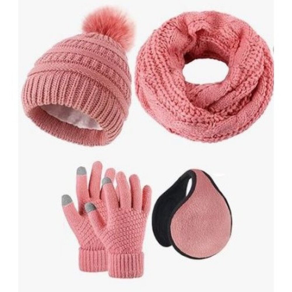 Womens 4 Piece Set Winter Knitted Beanie Hat Circle Scarf Gloves Earmuff Pink